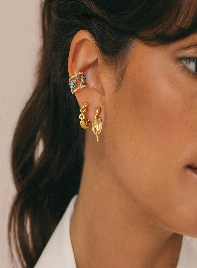 MYEARS Women Ear Cuff Earrings Gold Non Pierced Cartilage Clip on Open Wrap Trio Flower Hoop Turquoise Cubic Zirconia 14K Gold Plated Simple Hypoallergenic Everyday Jewelry - Image 3